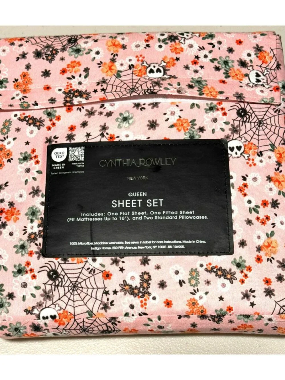 Cynthia Rowley Halloween Floral & Skulls Queen Sheet Set New